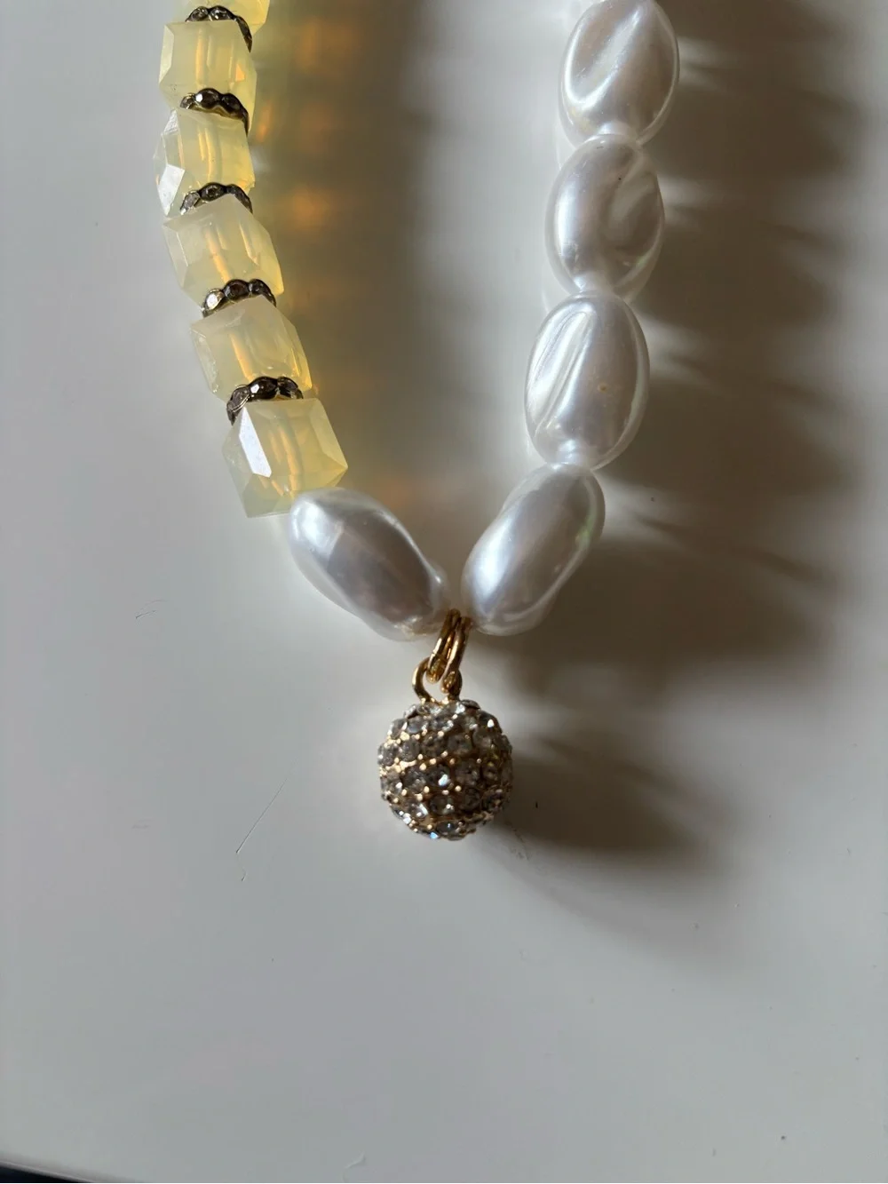 Chico’s Asymmetrical Faux Pearl Opalescent Cube Rhinestone Ball Necklace